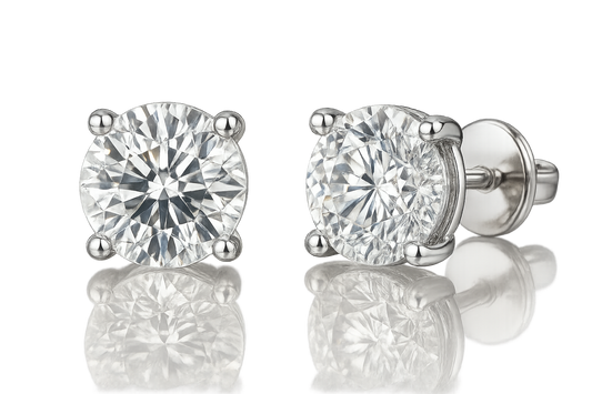 Certified diamond stud earrings in 18KT white gold, ideal for weddings or parties. give the image in png format no background