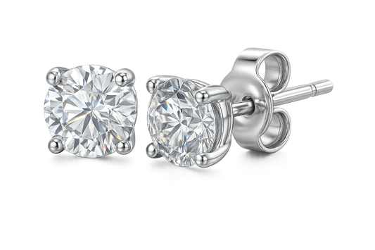 Certified diamond stud earrings in 18KT white gold, ideal for weddings or parties. give the image in png format no background