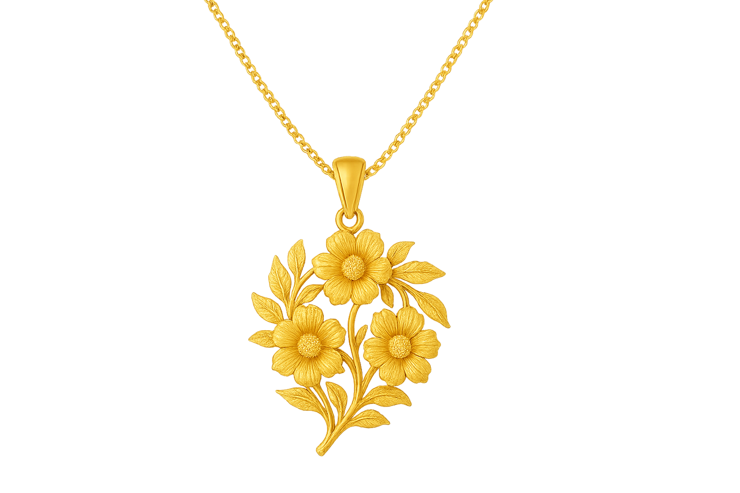 Elegant 22KT gold pendant necklace with intricate floral design. Perfect for festive and daily wear.with none give the image in format no background