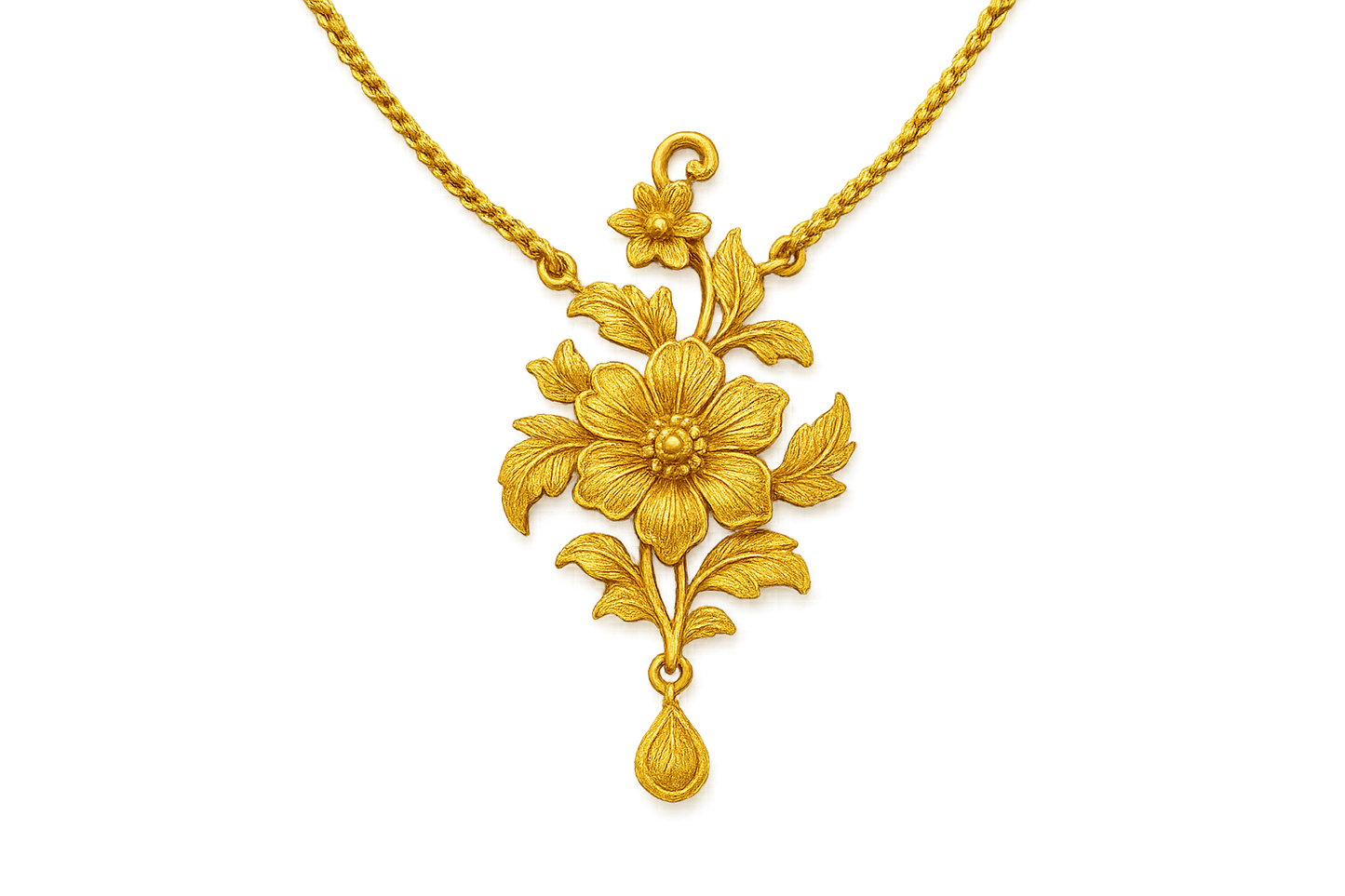 Elegant 22KT gold pendant necklace with intricate floral design. Perfect for festive and daily wear. with none give the image in format no background
