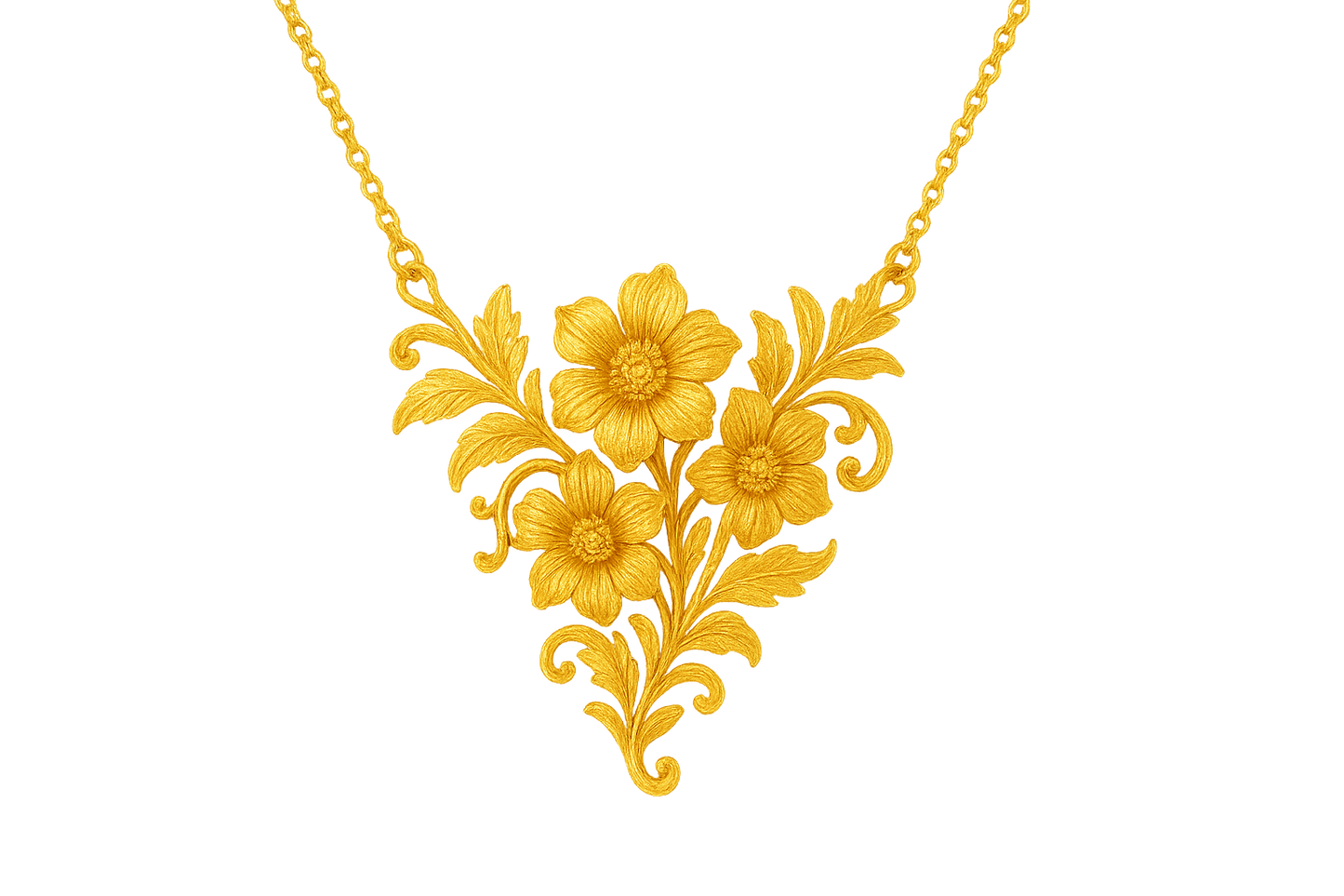 Elegant 22KT gold pendant necklace with intricate floral design. Perfect for festive and daily wear. with none give the image in format no background