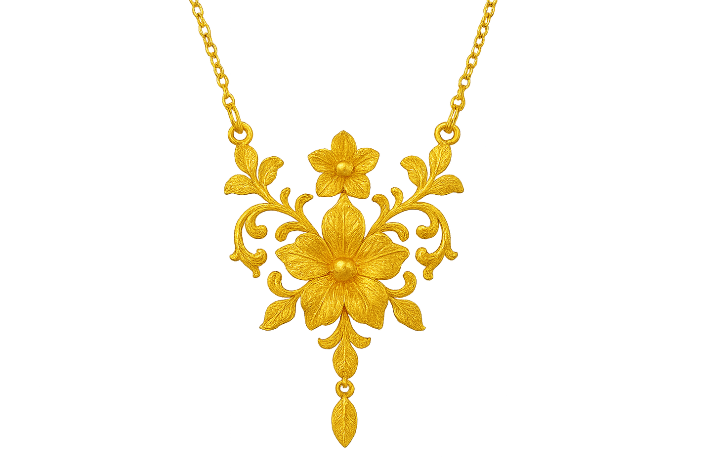 Elegant 22KT gold pendant necklace with intricate floral design. Perfect for festive and daily wear. with none give the image in png format no background