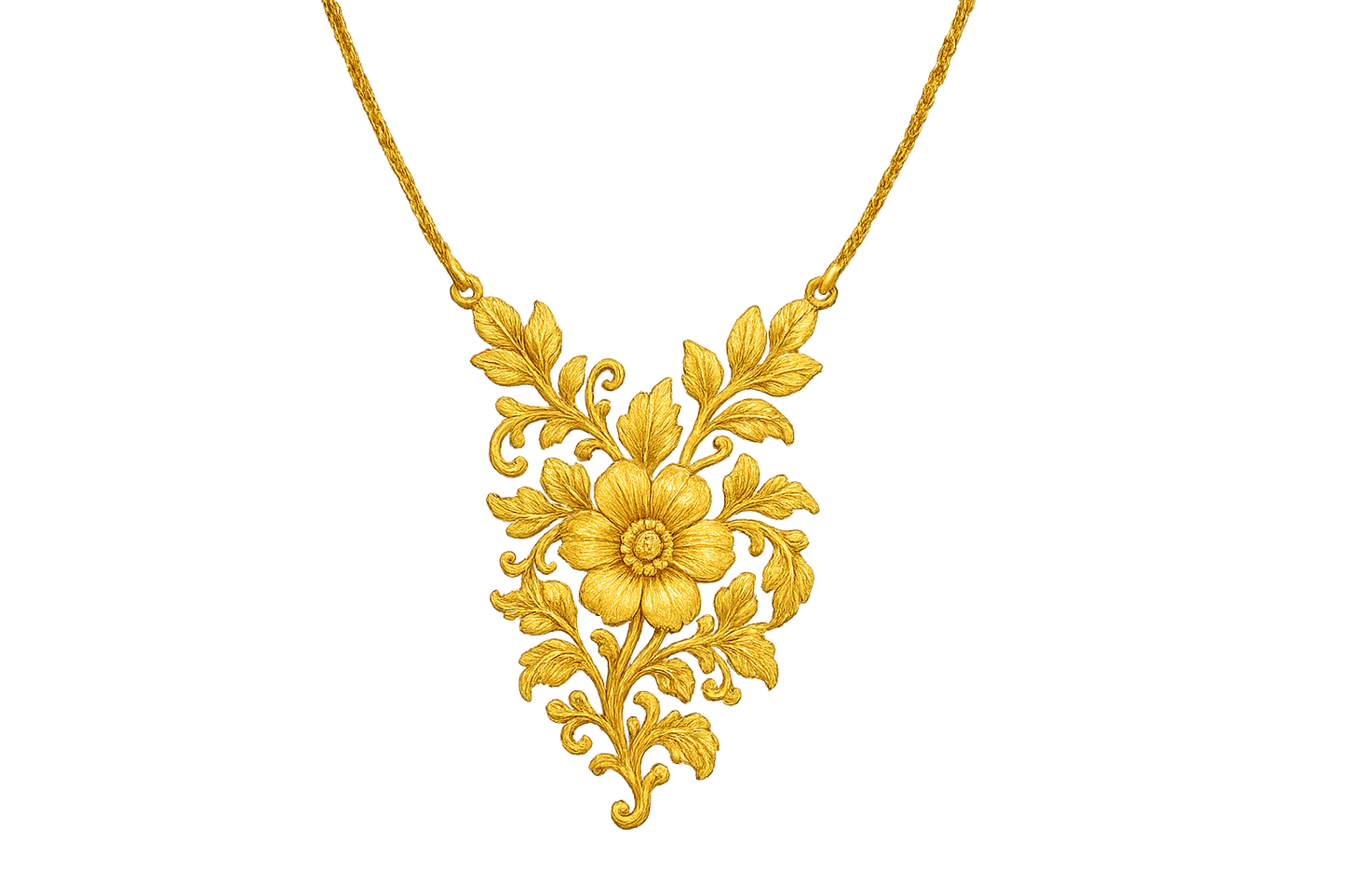 Elegant 22KT gold pendant necklace with intricate floral design. Perfect for festive and daily wear. with none give the image in png format no background