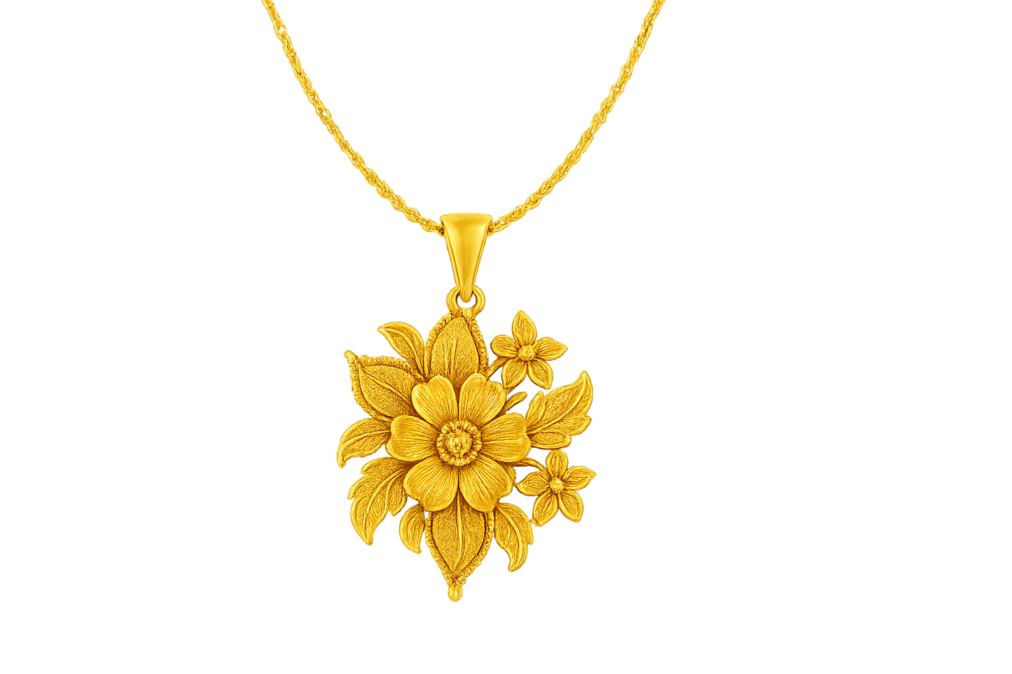 Elegant 22KT gold pendant necklace with intricate floral design. Perfect for festive and daily wear. with none give the image in png format no background
