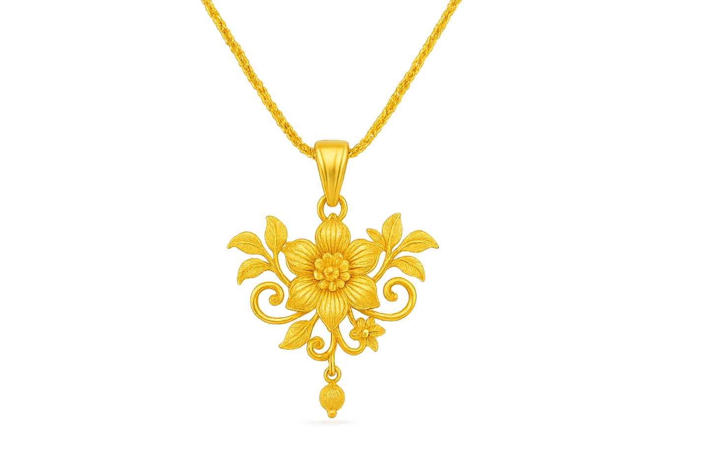 Elegant 22KT gold pendant necklace with intricate floral design. Perfect for festive and daily wear. with none give the image in png format no background