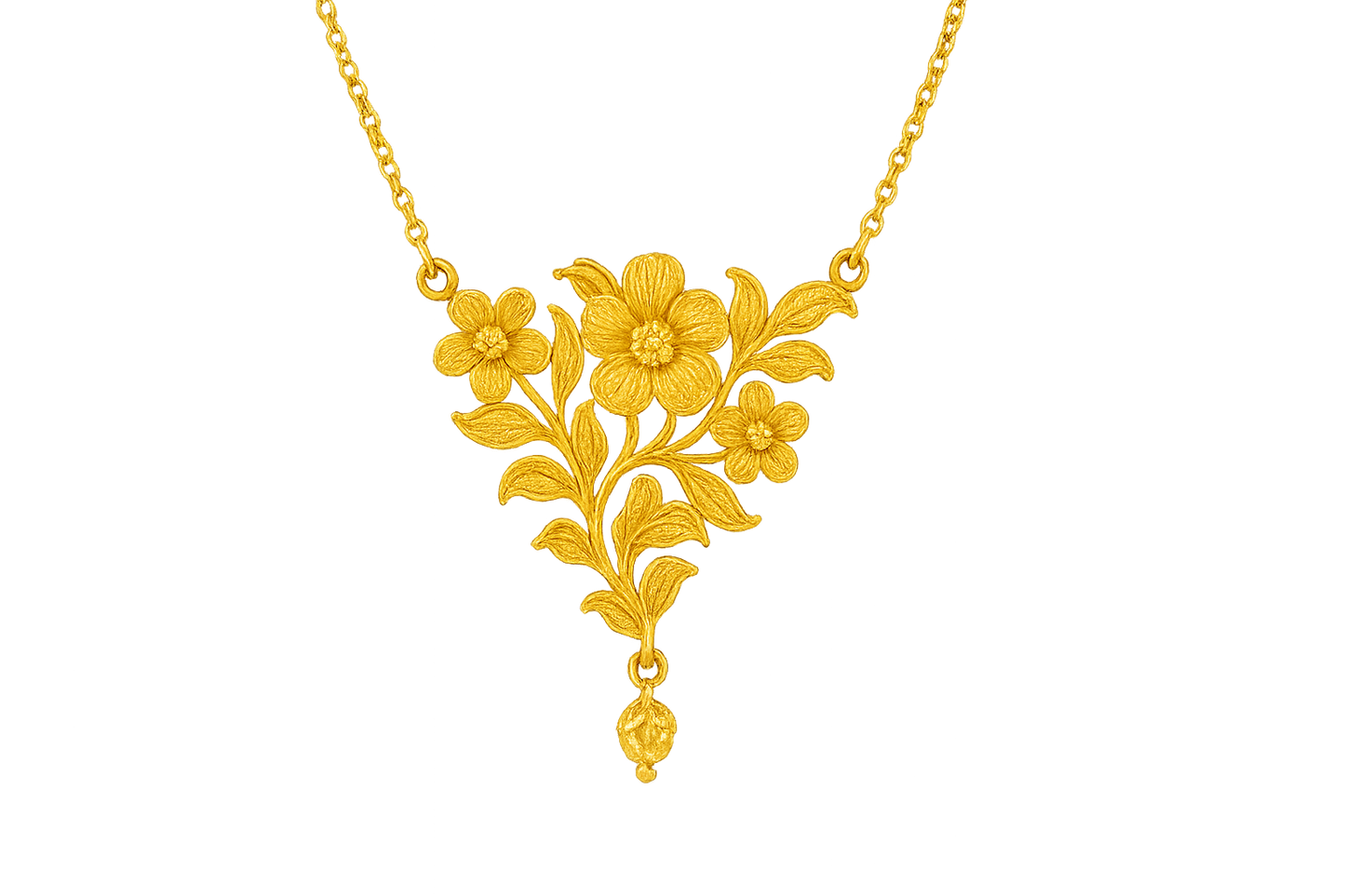 Elegant 22KT gold pendant necklace with intricate floral design. Perfect for festive and daily wear. with none give the image in png format no background