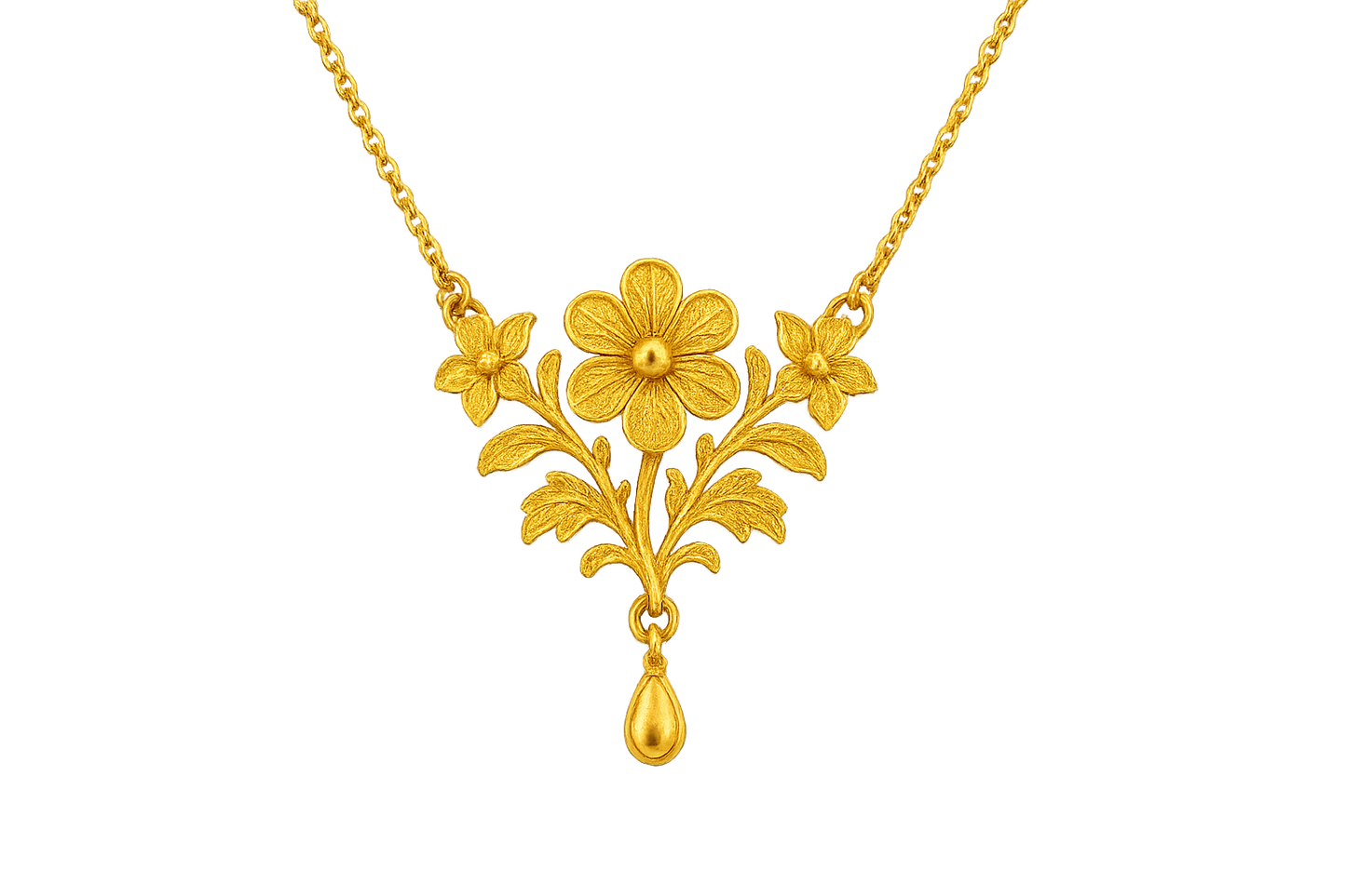 Elegant 22KT gold pendant necklace with intricate floral design. Perfect for festive and daily wear. with none give the image in png format no background