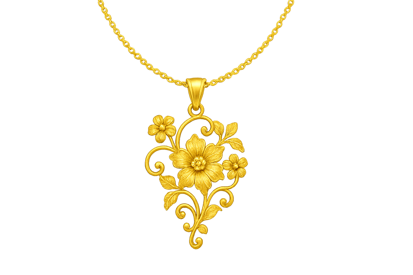 Elegant 22KT gold pendant necklace with intricate floral design. Perfect for festive and daily wear. with none give the image in png format no background