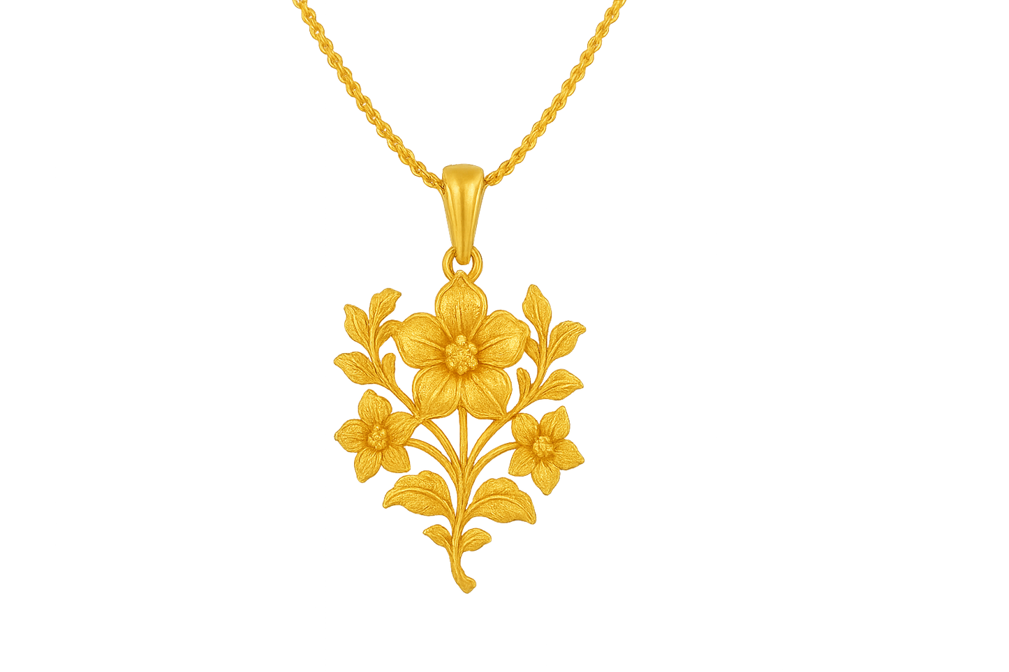 Elegant 22KT gold pendant necklace with intricate floral design. Perfect for festive and daily wear. with none give the image in png format no background