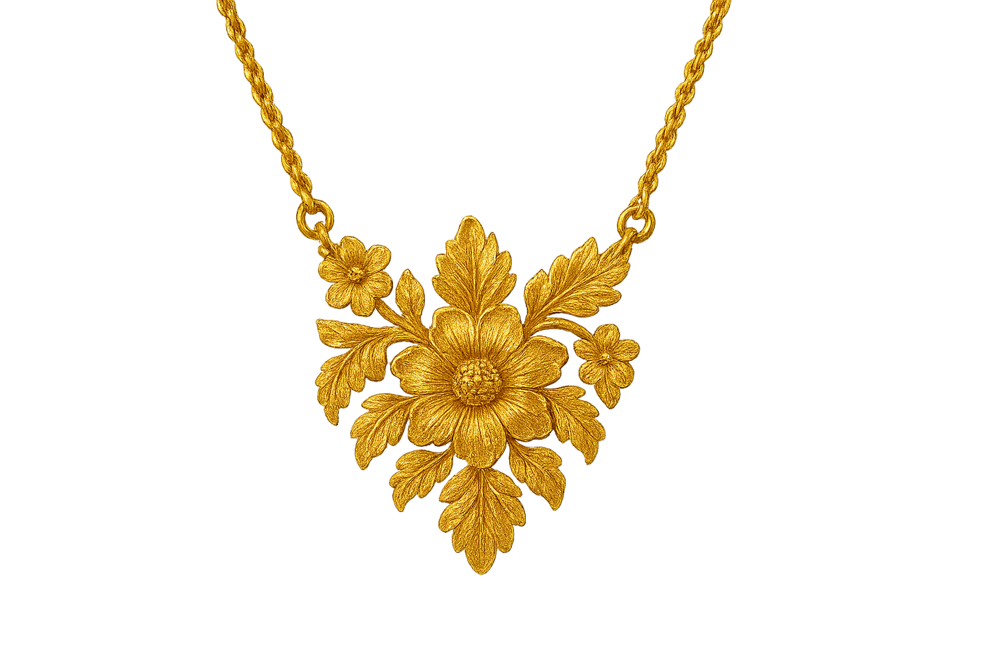Elegant 22KT gold pendant necklace with intricate floral design. Perfect for festive and daily wear. with none give the image in png format no background