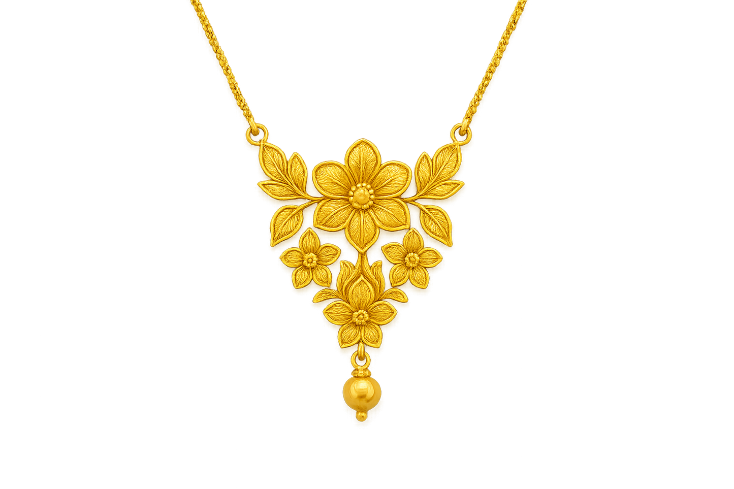 Elegant 22KT gold pendant necklace with intricate floral design. Perfect for festive and daily wear. with none give the image in png format no background
