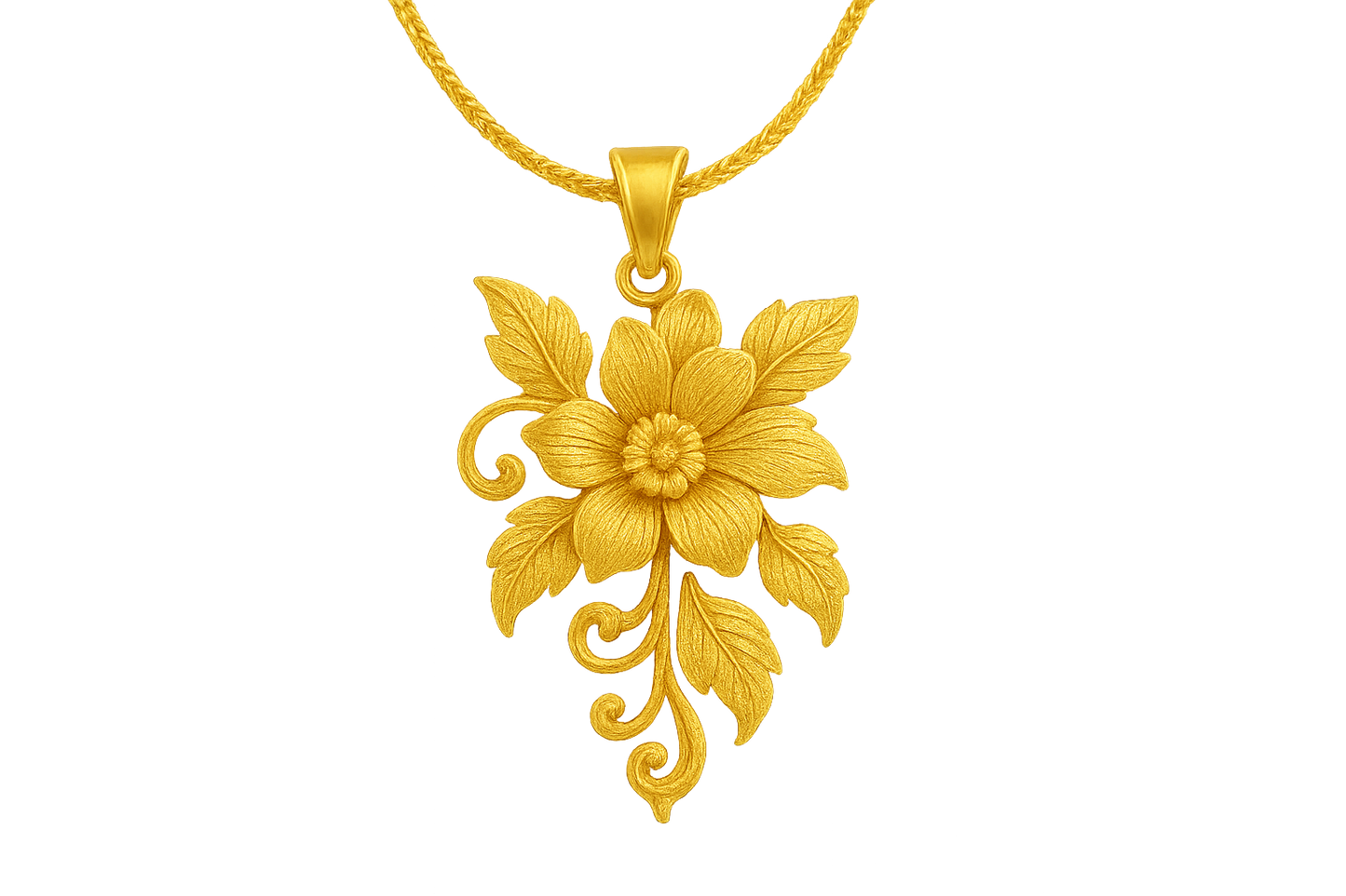 Elegant 22KT gold pendant necklace with intricate floral design. Perfect for festive and daily wear. with none give the image in png format no background