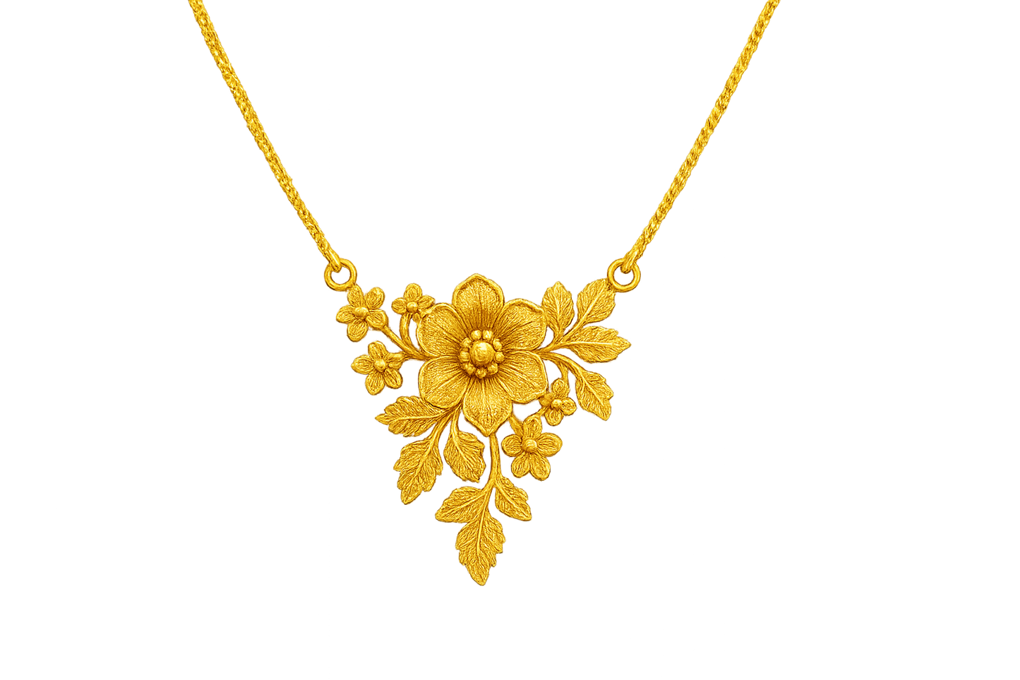 Elegant 22KT gold pendant necklace with intricate floral design. Perfect for festive and daily wear. with none give the image in png format no background