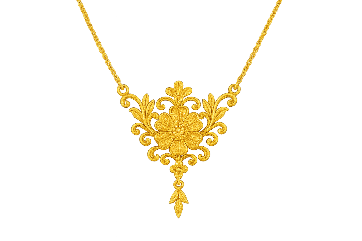 Elegant 22KT gold pendant necklace with intricate floral design. Perfect for festive and daily wear. with none give the image png format no background