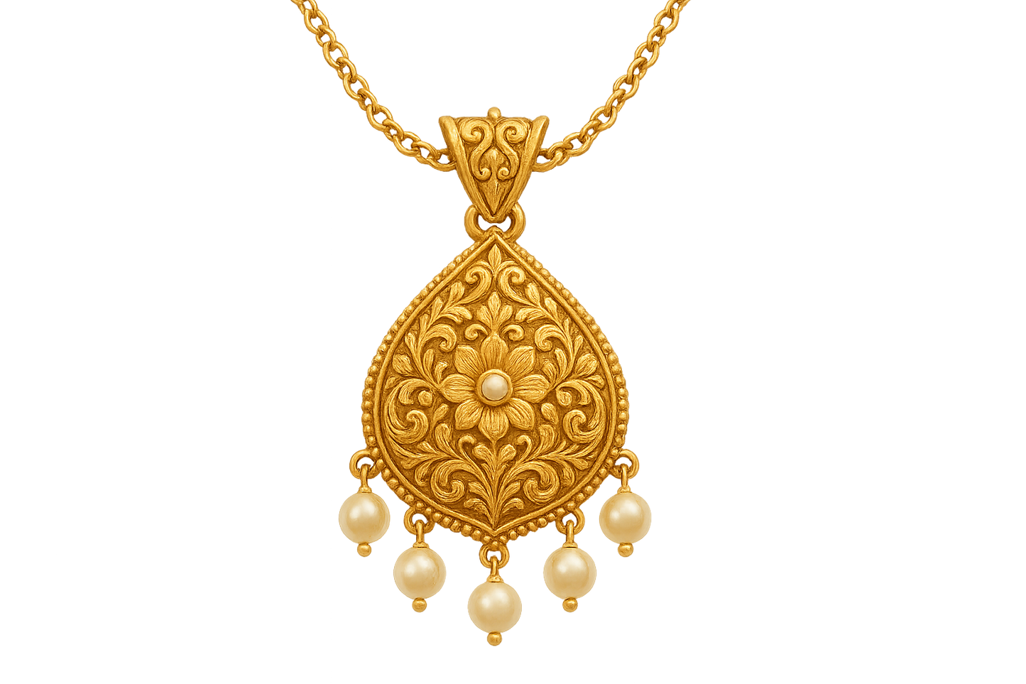 Elegant 22KT gold pendant necklace with intricate floral design. Perfect for festive and daily wear. with pearl give the image png format no background