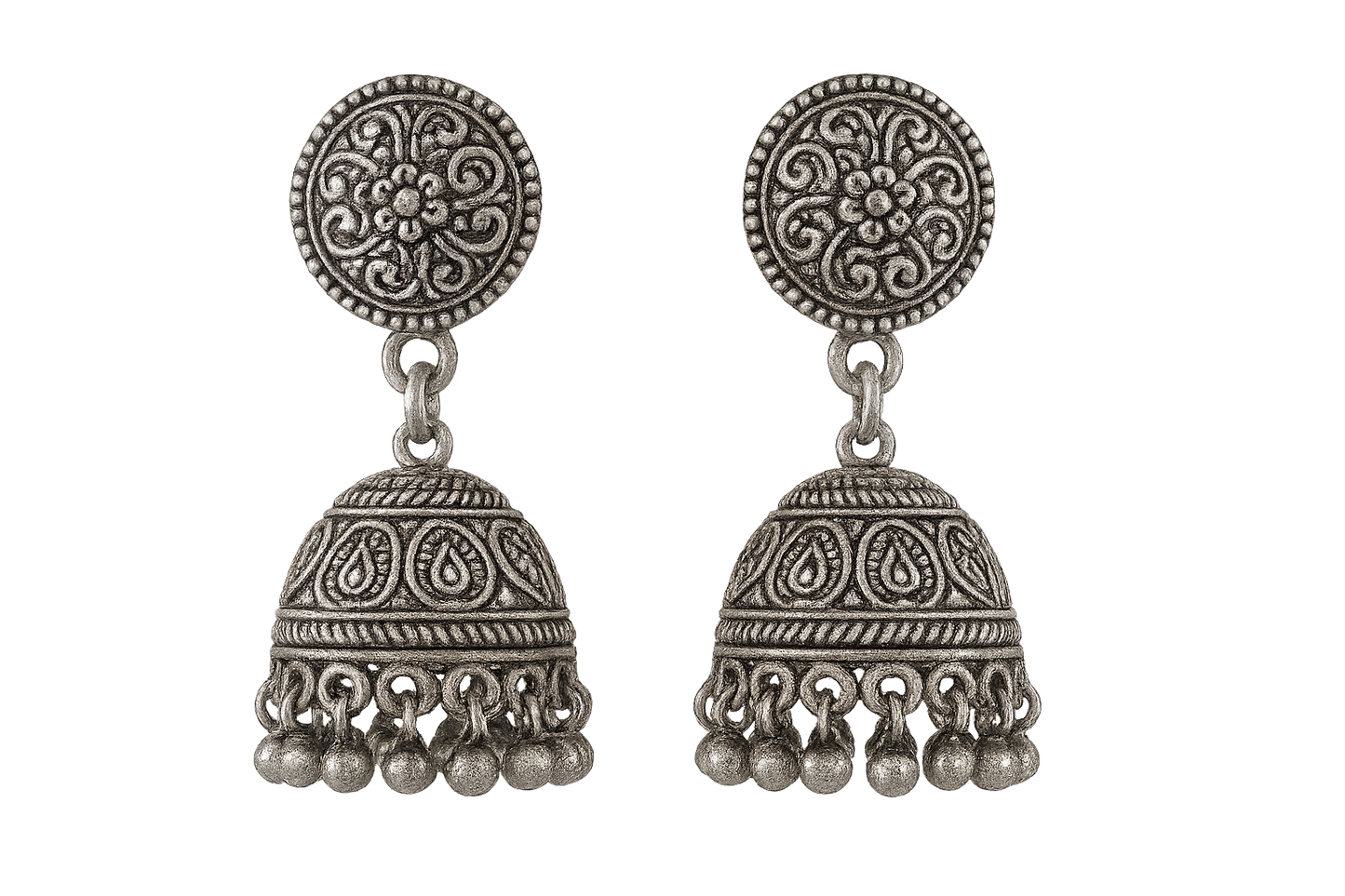 Oxidized Silver Jhumkas 15 with none give the image in png format no background