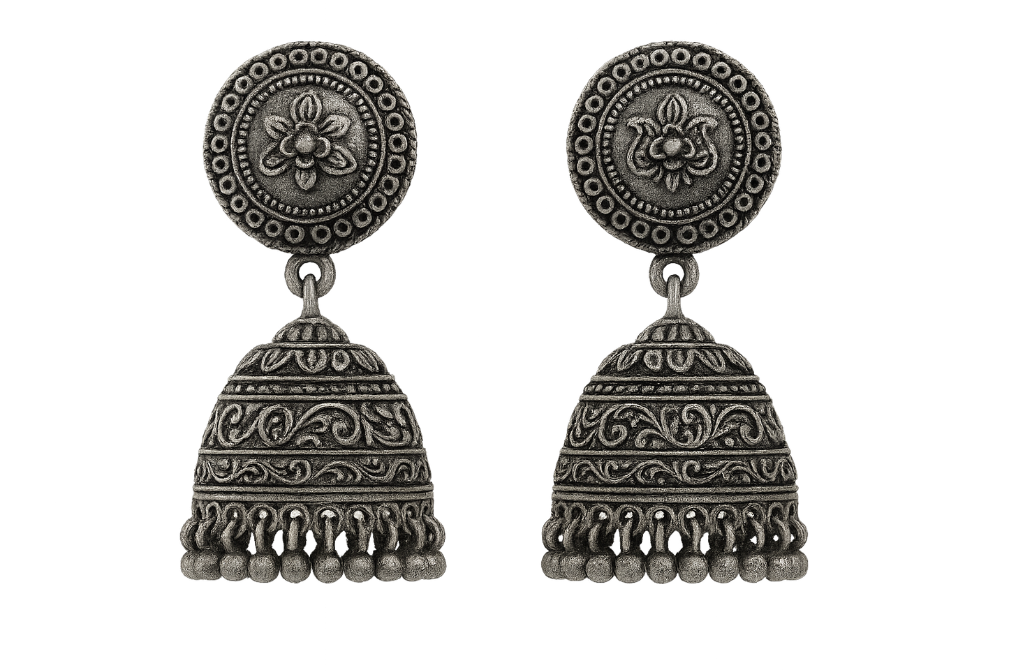 Oxidized Silver Jhumkas 22 with none give the image png format no background