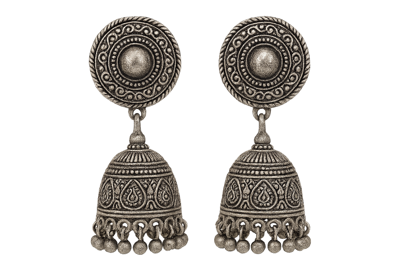 Oxidized Silver Jhumkas 27 with none give the image in png format no background