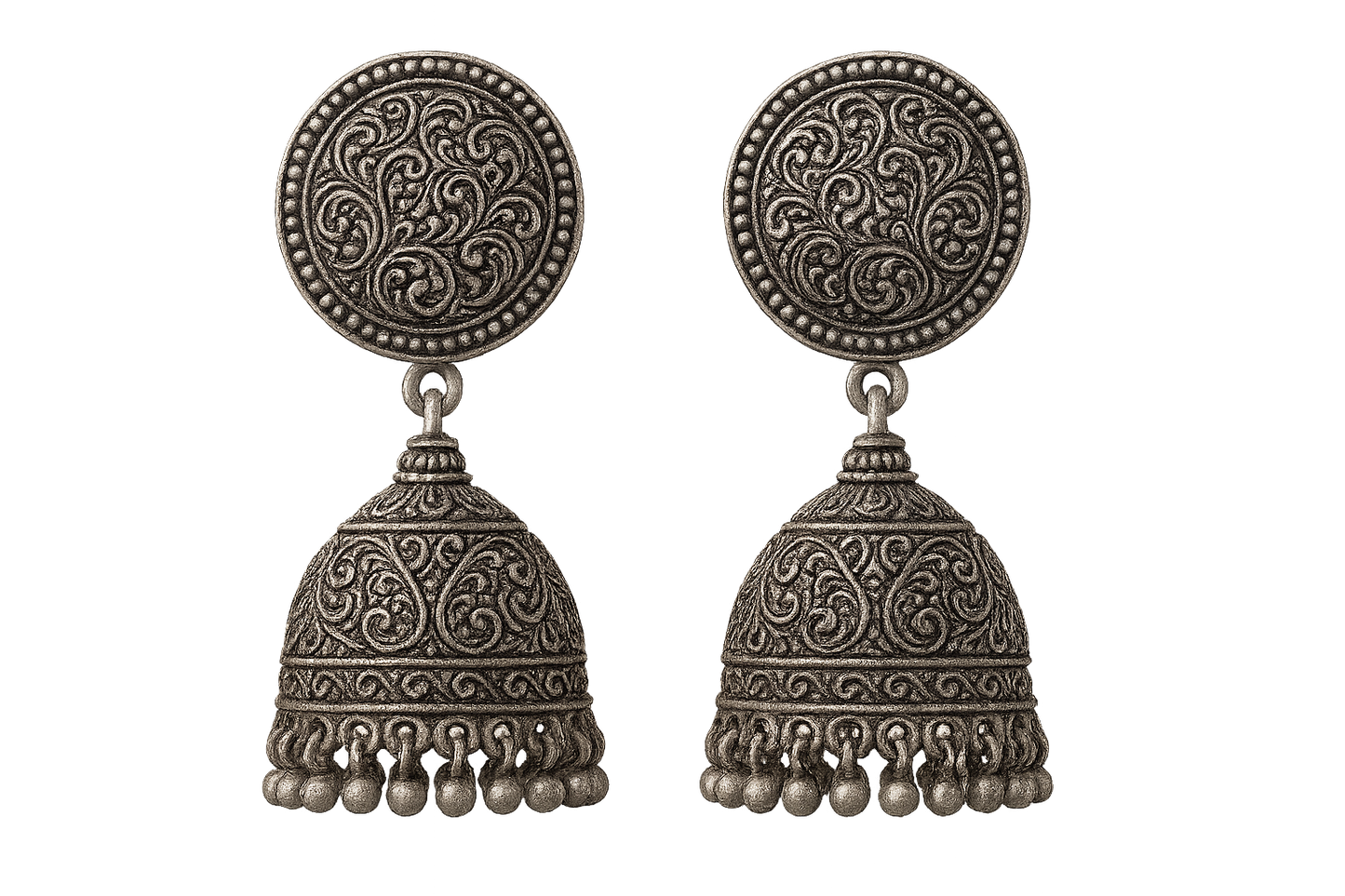 Oxidized Silver Jhumkas 45 with none give the image in png format no background