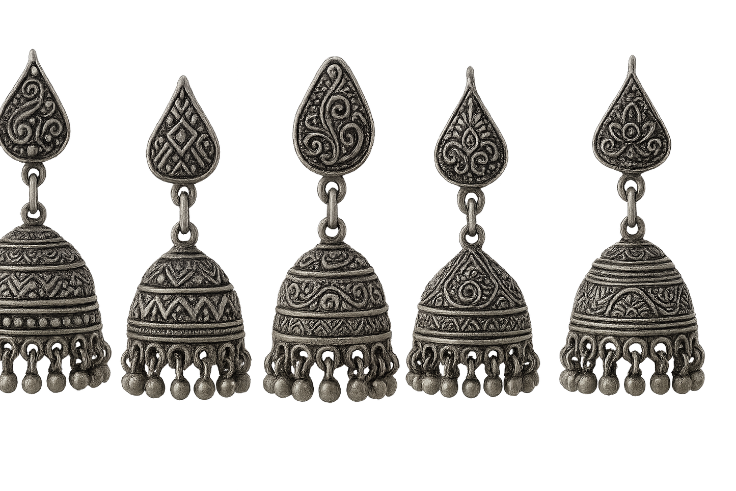 Oxidized Silver Jhumkas 5 with none give the image in png format no background