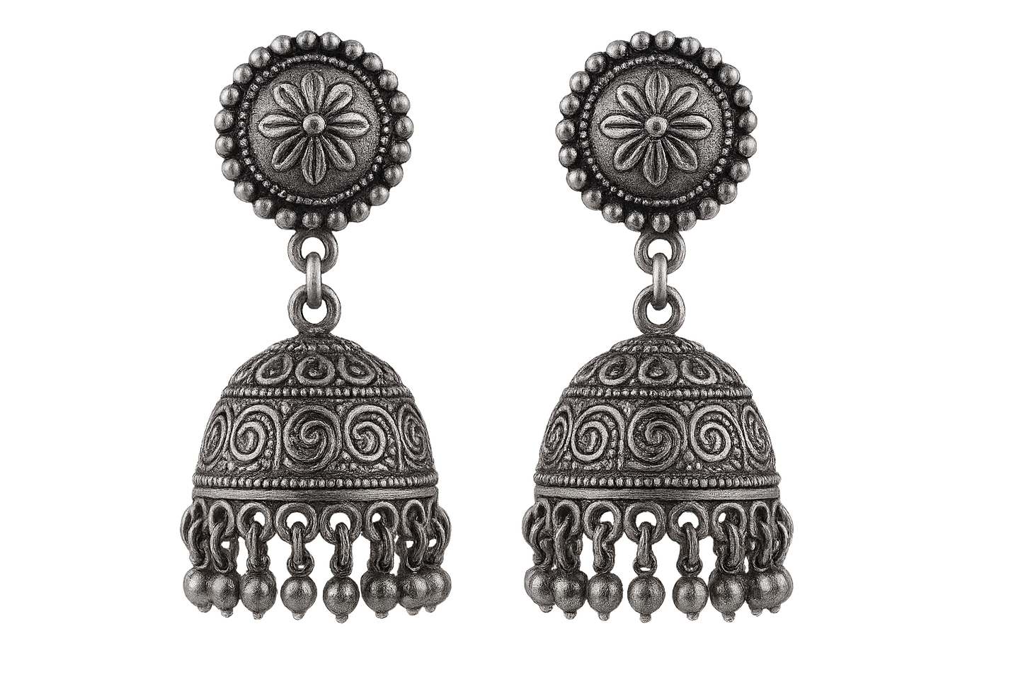 Oxidized Silver Jhumkas 50 with none give the image in png format no background