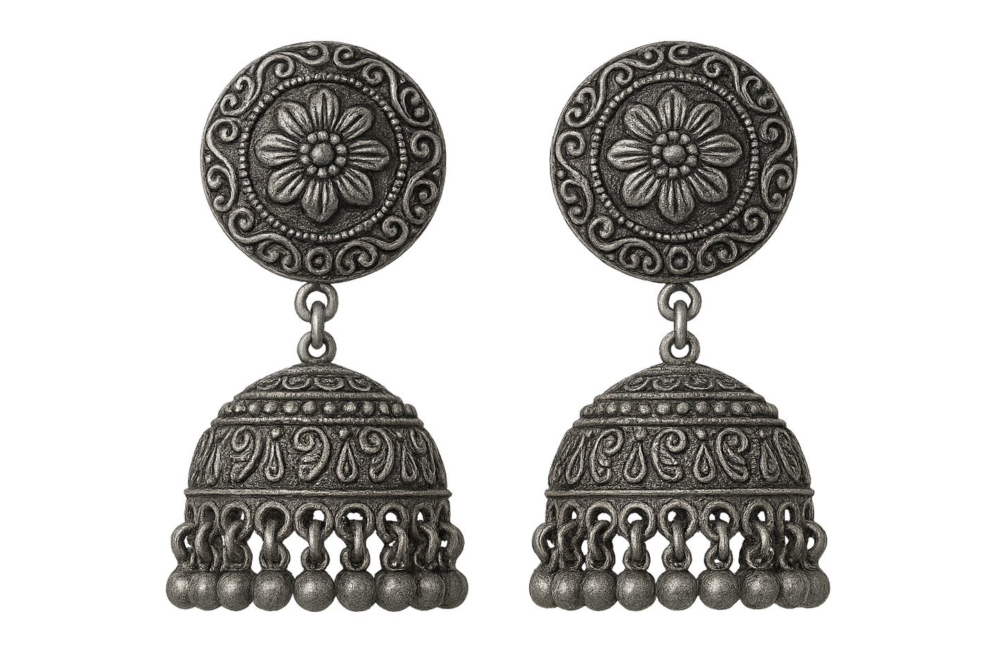 Oxidized Silver Jhumkas 51 with none give the image in png format no background