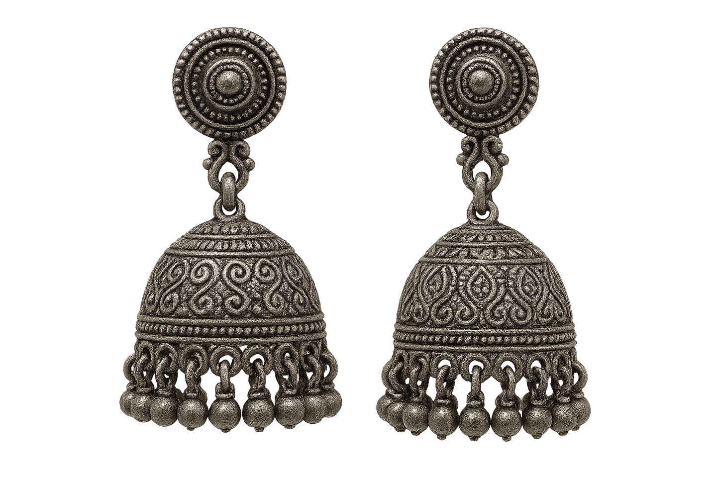 Oxidized Silver Jhumkas 52 with none give the image in png format no background