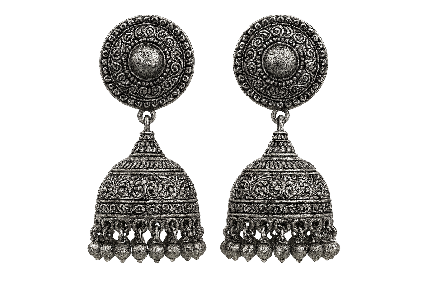Oxidized Silver Jhumkas 64 with none give the image in png format no background