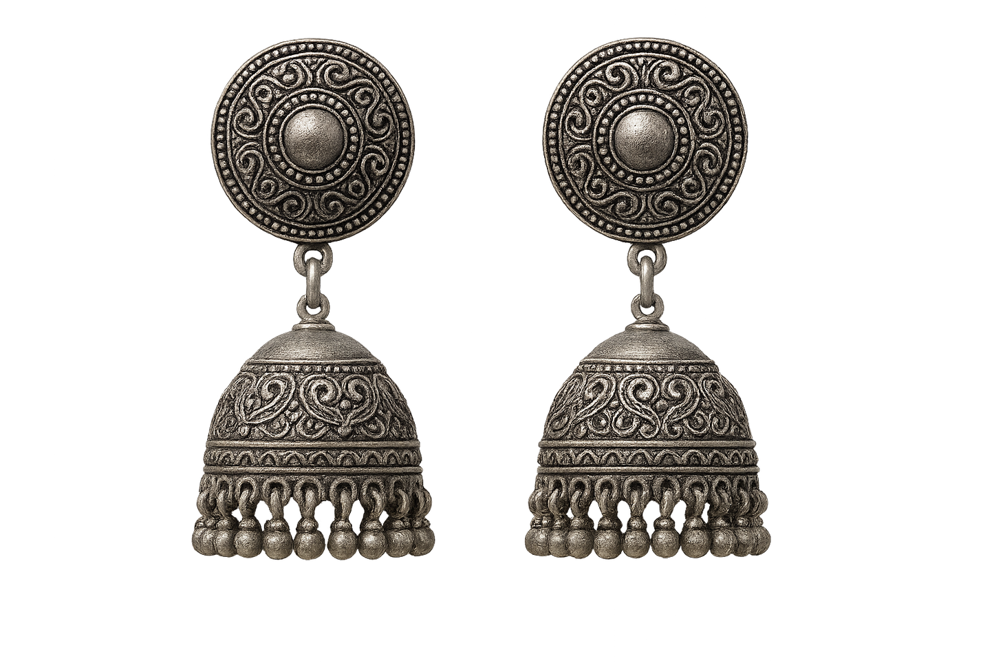 Oxidized Silver Jhumkas 66 with none give the image in png format no background