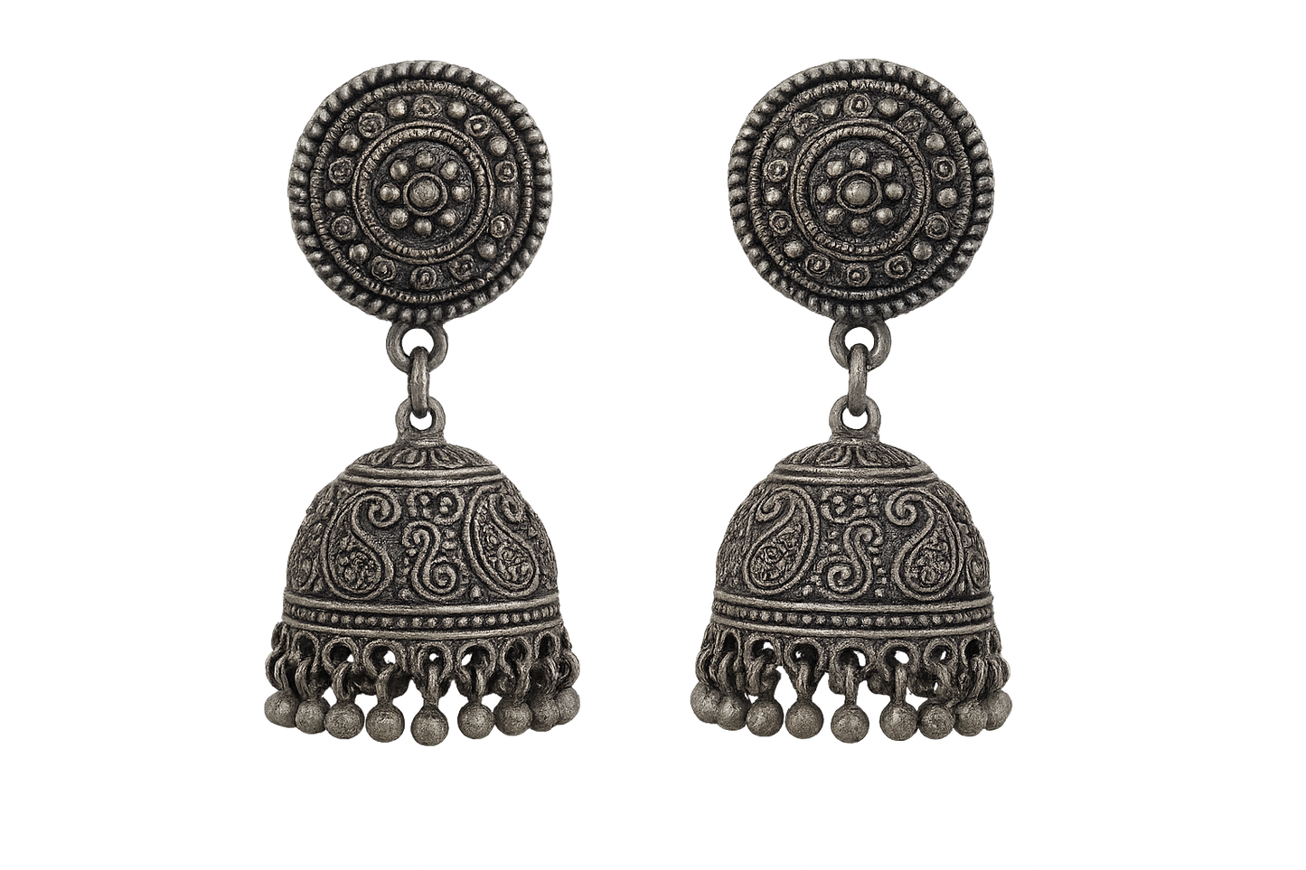 Oxidized Silver Jhumkas 71 with none give the image in png format no background