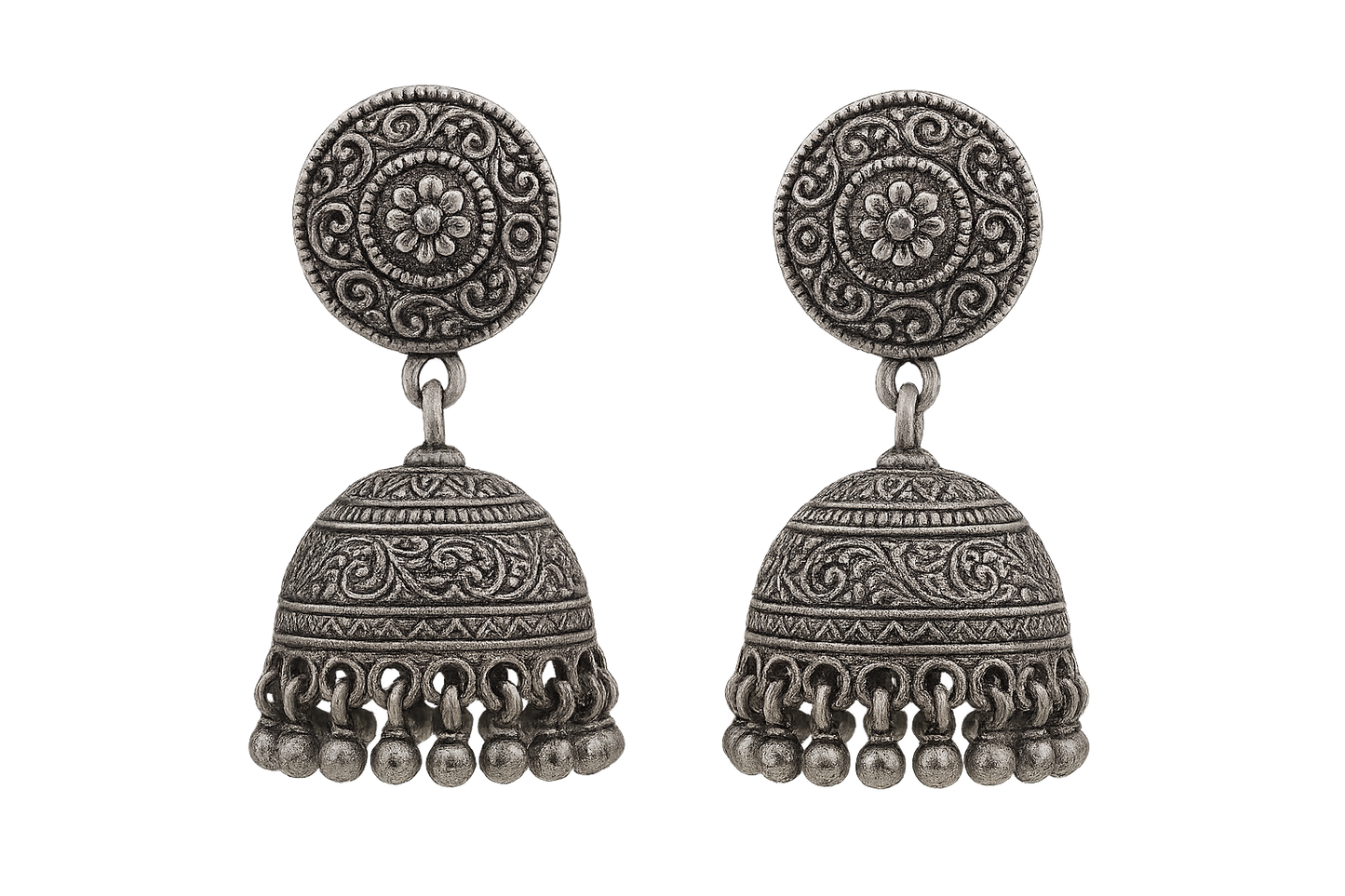Oxidized Silver Jhumkas 76 with none give the image in png format no background