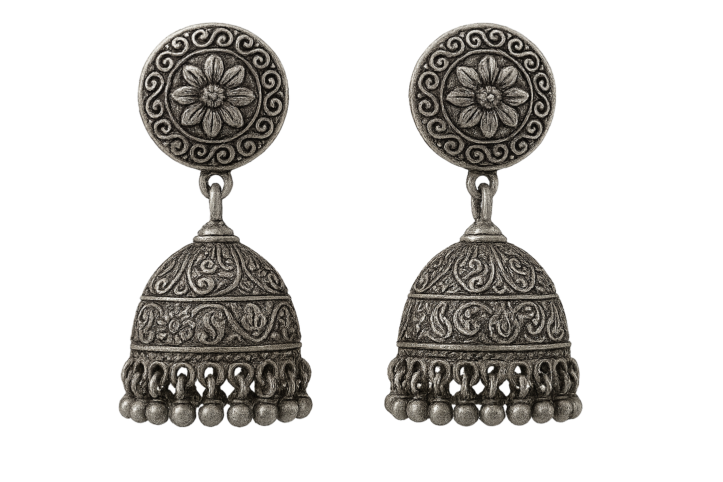 Oxidized Silver Jhumkas 96 with none give the image in png format no background