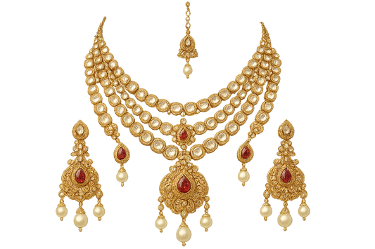 Royal bridal jewelry set with Kundan work including necklace, earrings and maang tikka. give the image in png format no background