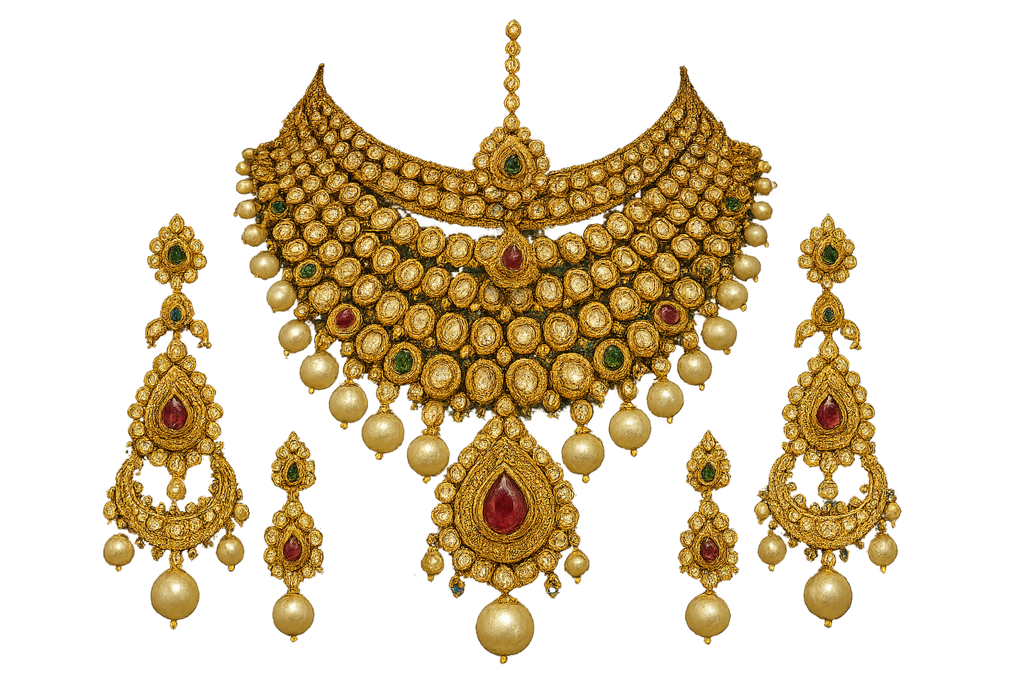 Royal bridal jewelry set with Kundan work including necklace, earrings and maang tikka. with none give the image in png format no background