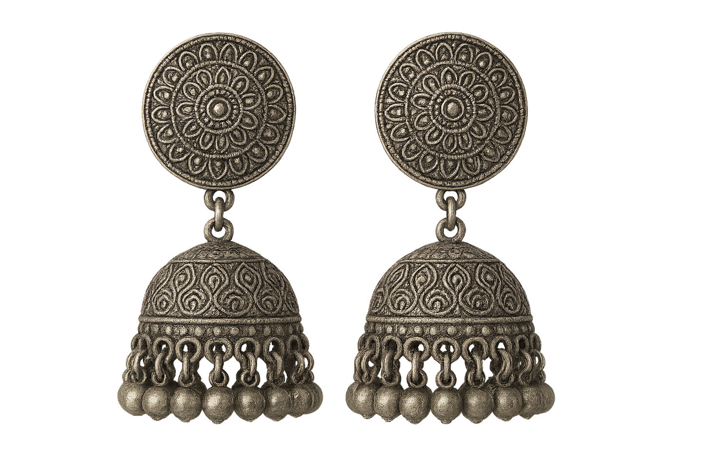 Traditional oxidized jhumkas with ghungroo detailing. Lightweight and handmade. with none give the image in png format no background