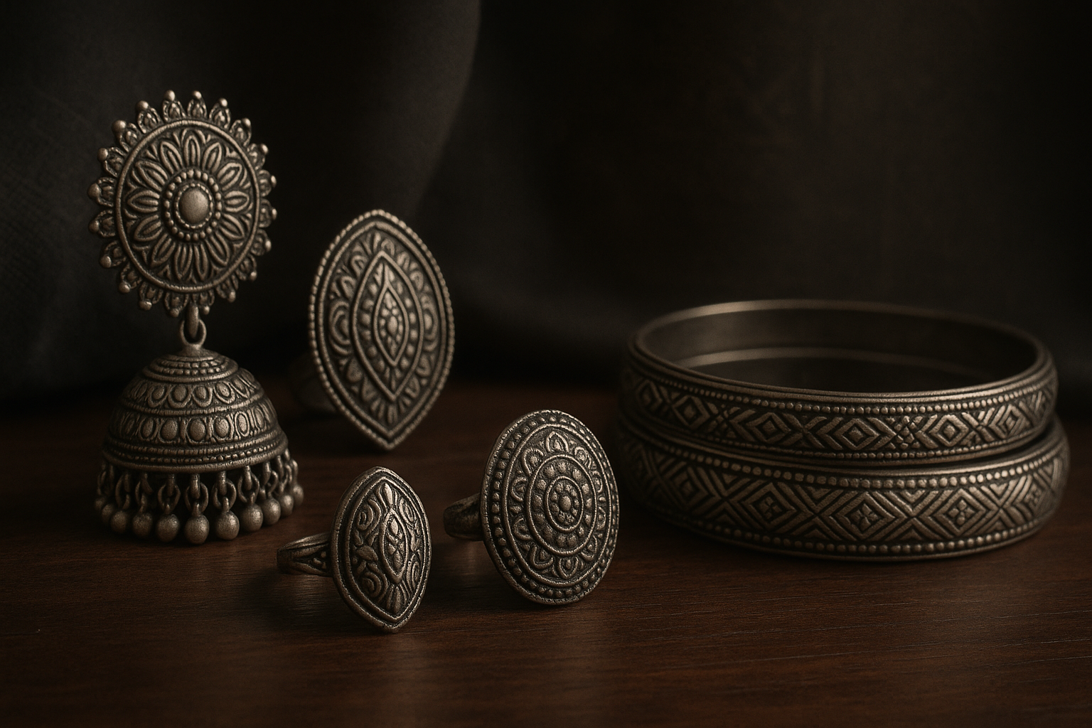 A close-up display of oxidised silver Indian jewelry including earrings, rings, and bangles arranged on a dark wooden surface with warm ambient lighting. Background features textured charcoal grey fabric, subtle ethnic patterns, and soft shadow play for an artisanal yet luxurious look. Jewelry has detailed oxidised engravings, antique finish, and matte textures. Shallow depth of field, cinematic light contrast, moody tones, ultra-realistic 4K product photography
