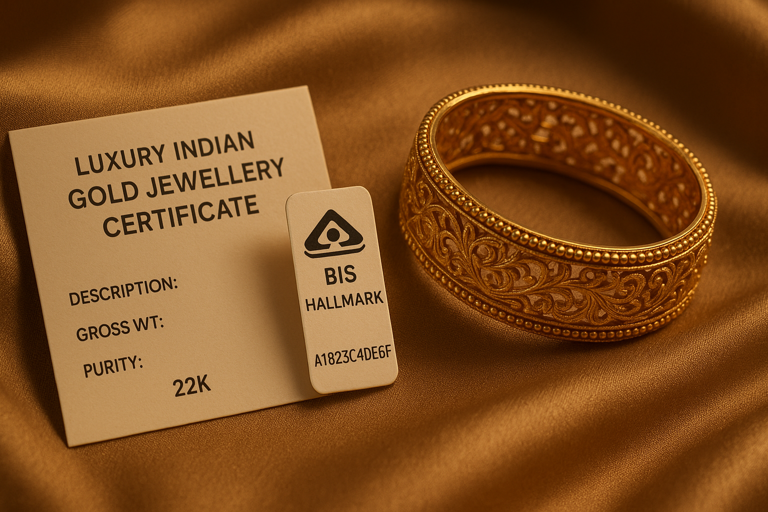 A close-up shot of a luxury Indian gold jewellery certificate and BIS Hallmark tag beside a traditional gold bangle with intricate design, a visible HUID number etched subtly on the tag, placed on an elegant silk cloth background, warm ambient lighting, highly realistic, sharp focus, 4K ultra-detailed product shot, professional studio setting
