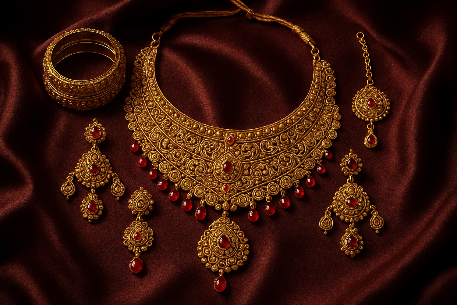 a luxurious Indian bridal jewellery flatlay — intricately designed gold necklace with matching earrings, bangles, and maang tikka, placed on rich maroon silk fabric, warm golden lighting, ultra-detailed, high contrast, 4K realism, deep shadows, premium product photography, jewelry-focused, top-down view