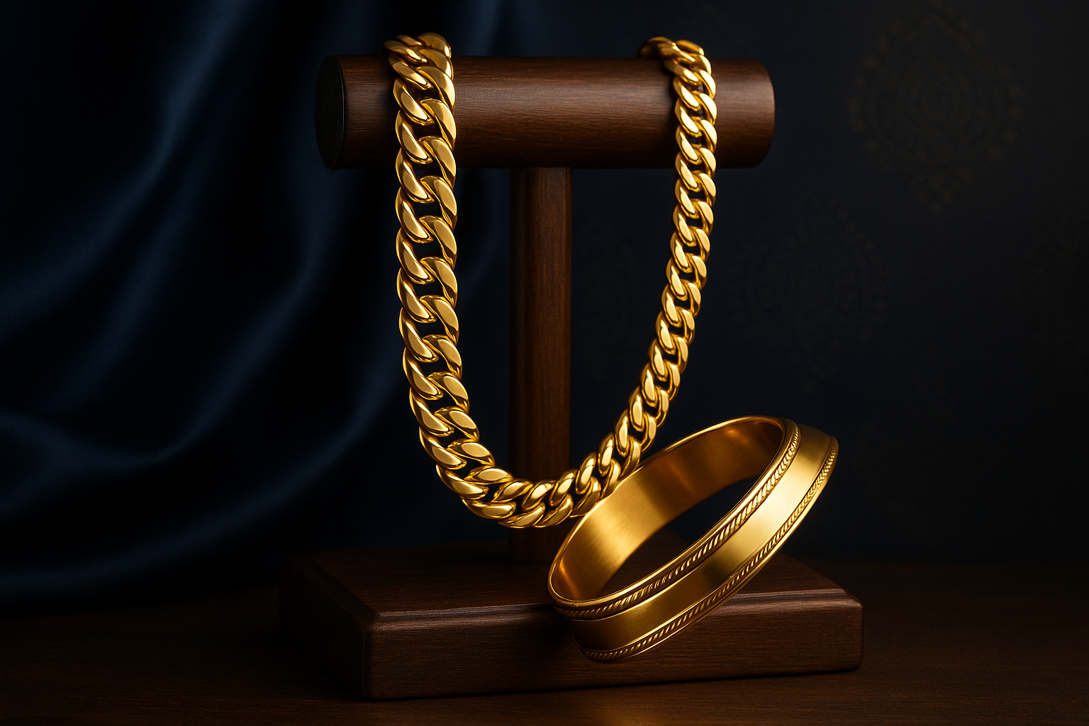 A luxurious men's gold kada and chain displayed on a dark mahogany wooden stand, with rich navy blue silk fabric in the background and subtle golden lighting creating soft highlights on the jewelry. The setup includes minimal traditional Indian motifs subtly engraved on the background wall, giving a masculine and regal vibe. Cinematic lighting, high-detail reflections, 4K ultra-realism, sharp texture on metal, shallow depth of field
