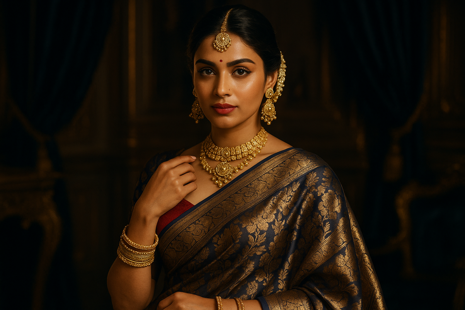 A stunning Indian woman wearing traditional bridal gold jewellery, including necklace, earrings, maang tikka and bangles, posing gracefully in an ornate royal interior with deep velvet drapes, antique gold accents, and warm lighting. She is dressed in a rich Banarasi saree with zari work, looking confidently at the camera. Luxurious and elegant mood, highly detailed, cinematic lighting, ultra-realistic skin texture, sharp jewellery reflections, dark royal blue and gold color palette, shallow depth of field
