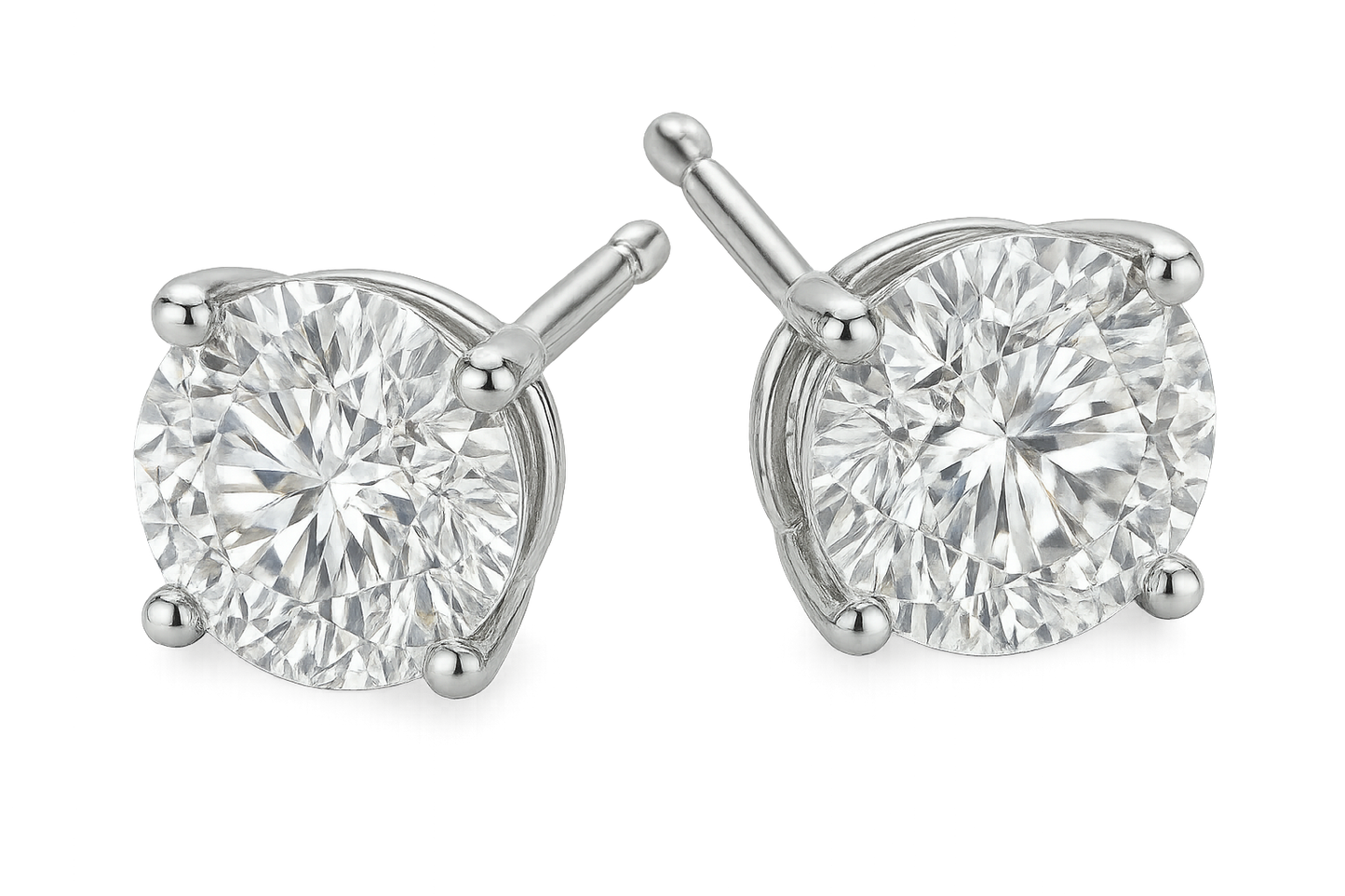 Certified diamond stud earrings in 18KT white gold, ideal for weddings or parties. give the image in png format backgroud