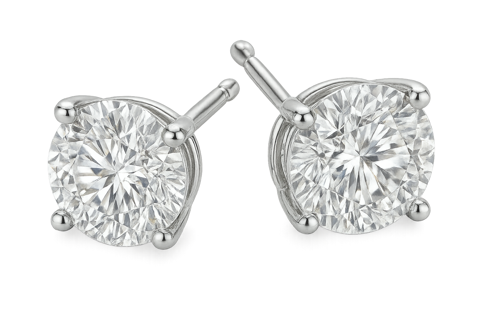 Certified diamond stud earrings in 18KT white gold, ideal for weddings or parties. give the image in png format backgroud