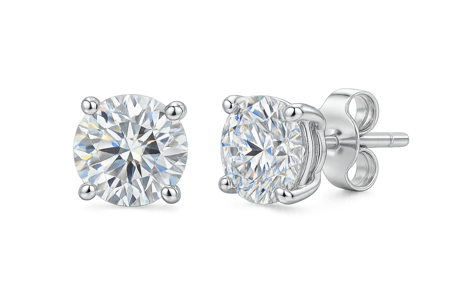 Certified diamond stud earrings in 18KT white gold, ideal for weddings or parties. give the image in png format no background