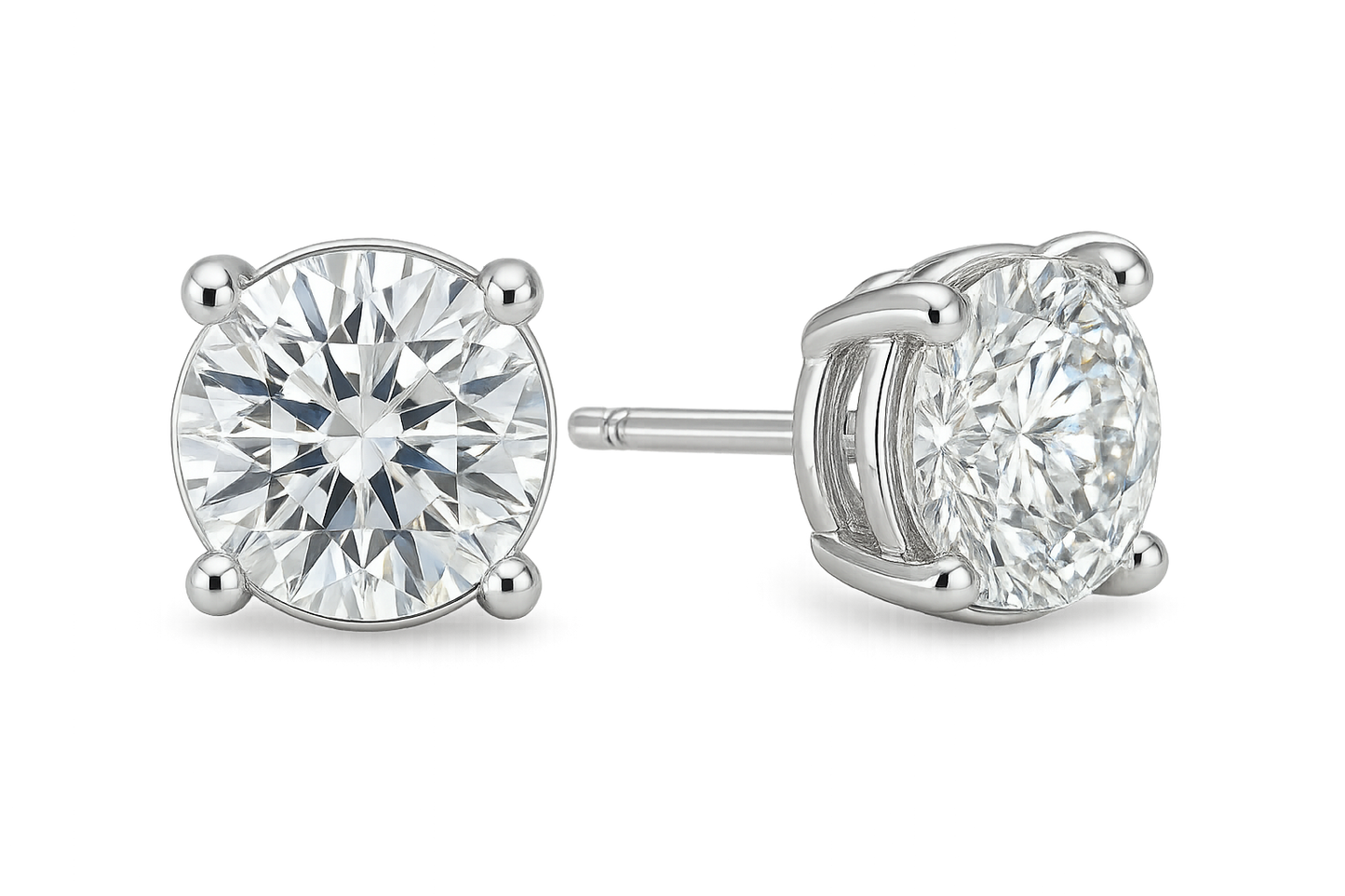 Certified diamond stud earrings in 18KT white gold, ideal for weddings or parties. give the image in png format no background