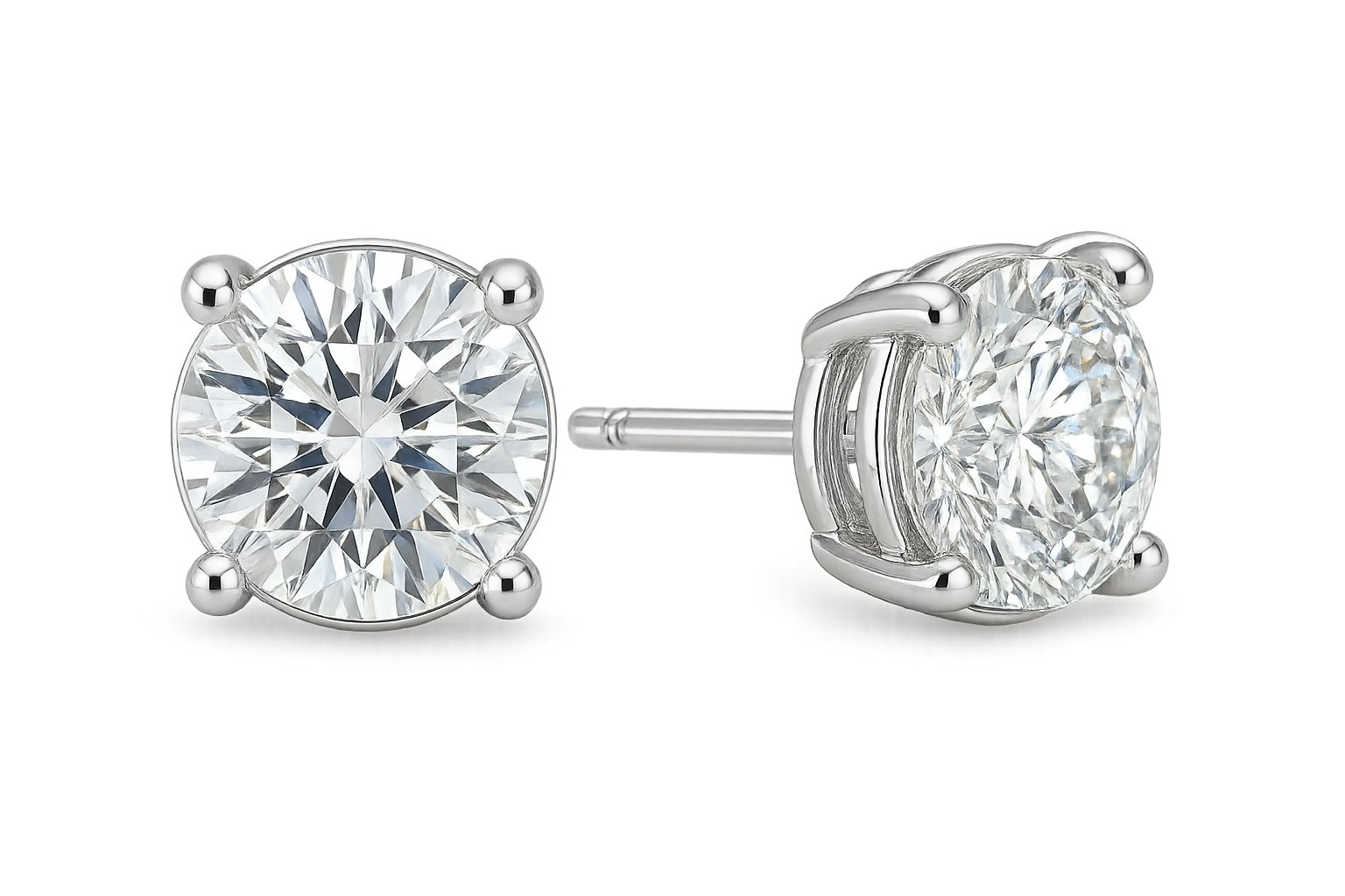 Certified diamond stud earrings in 18KT white gold, ideal for weddings or parties. give the image in png format no background