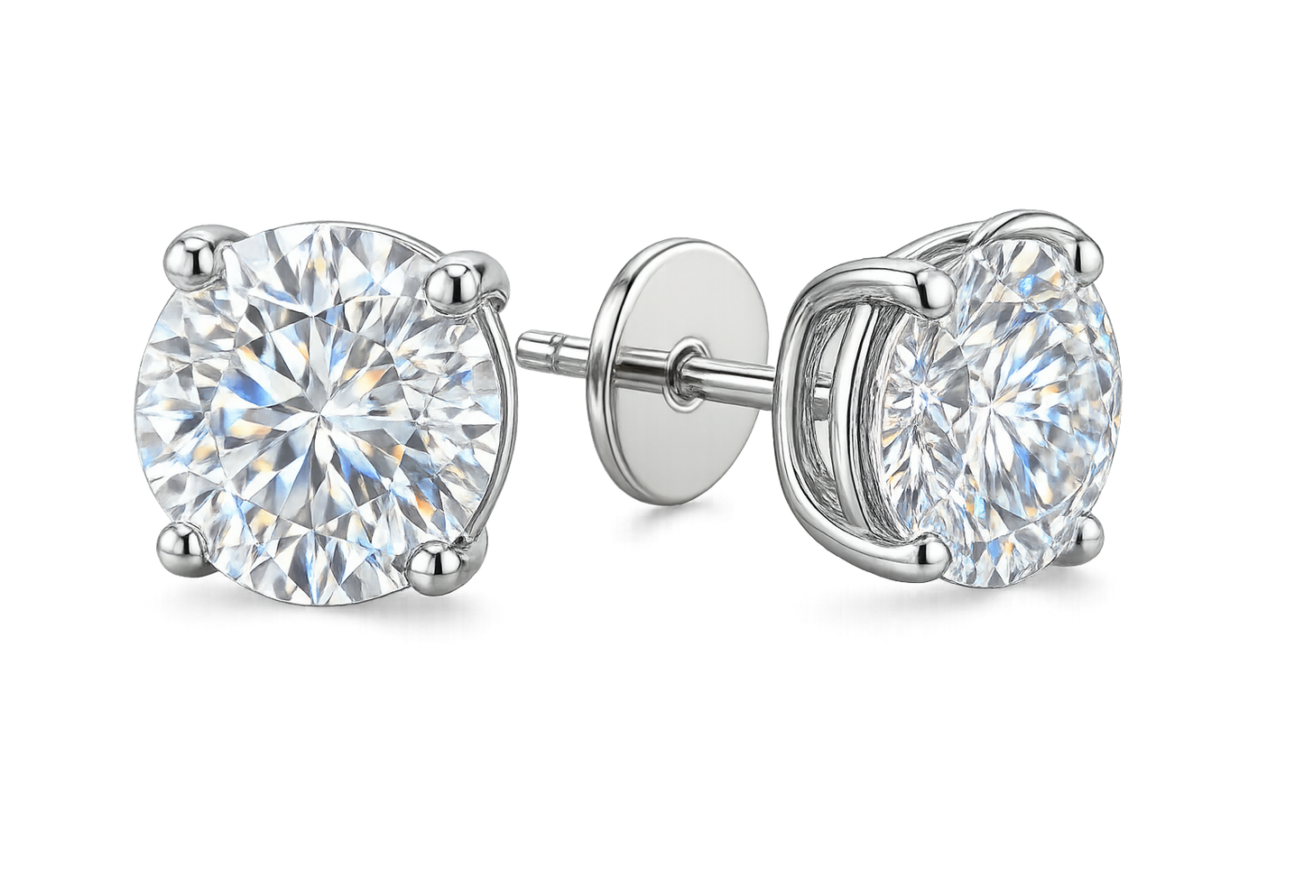 Certified diamond stud earrings in 18KT white gold, ideal for weddings or parties. give the image in png format no background