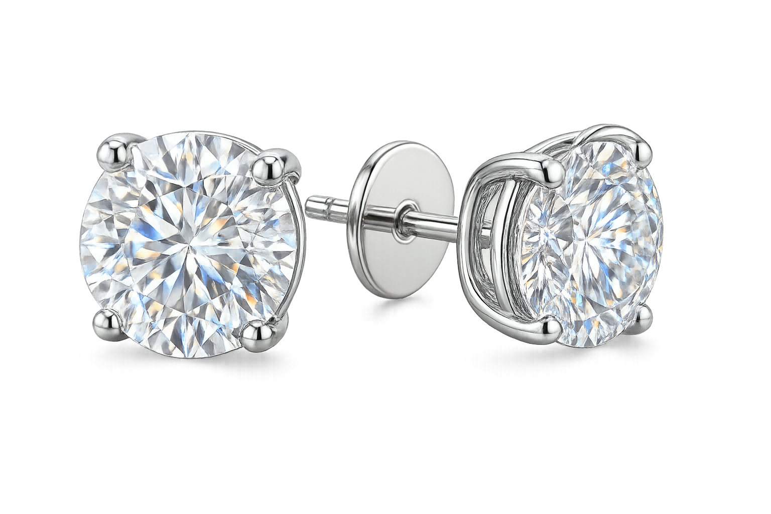 Certified diamond stud earrings in 18KT white gold, ideal for weddings or parties. give the image in png format no background