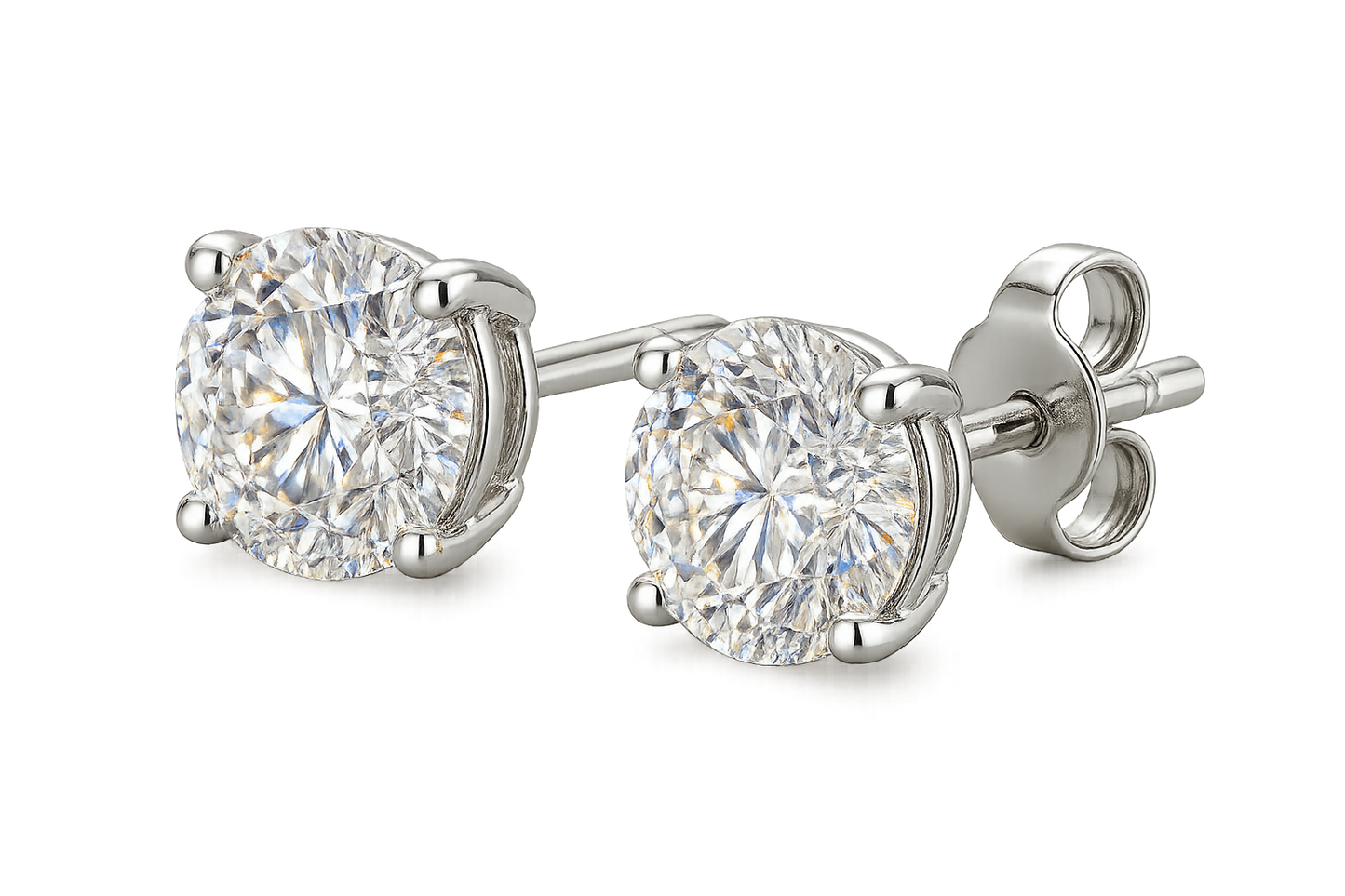 Certified diamond stud earrings in 18KT white gold, ideal for weddings or parties. give the image in png format no background