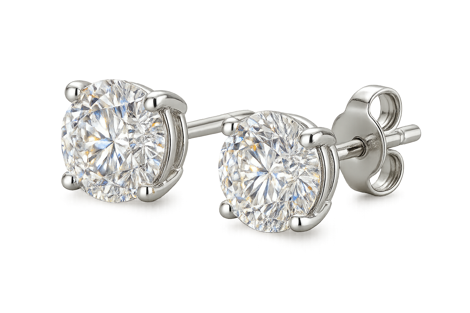 Certified diamond stud earrings in 18KT white gold, ideal for weddings or parties. give the image in png format no background