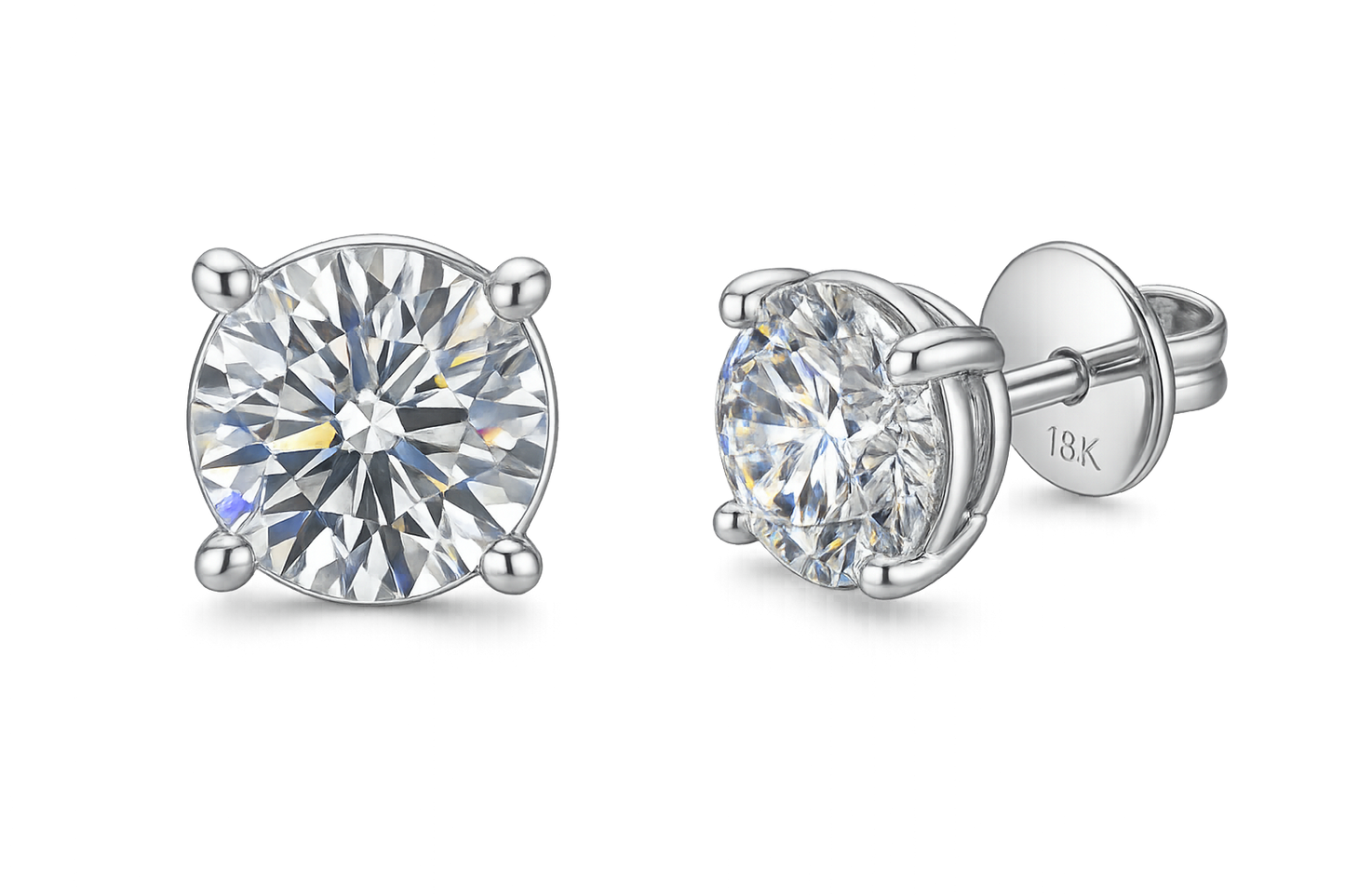 Certified diamond stud earrings in 18KT white gold, ideal for weddings or parties. give the image in png format no background